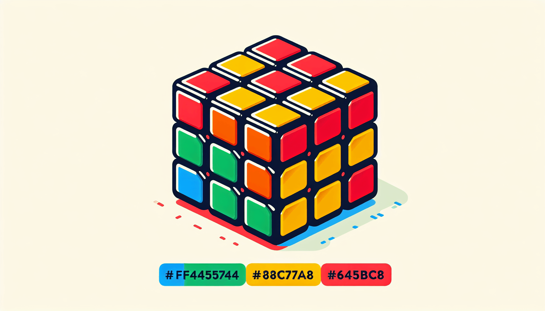 Rubik's cube in flat illustration style and white background, red #f47574, green #88c7a8, yellow #fcc44b, and blue #645bc8 colors.