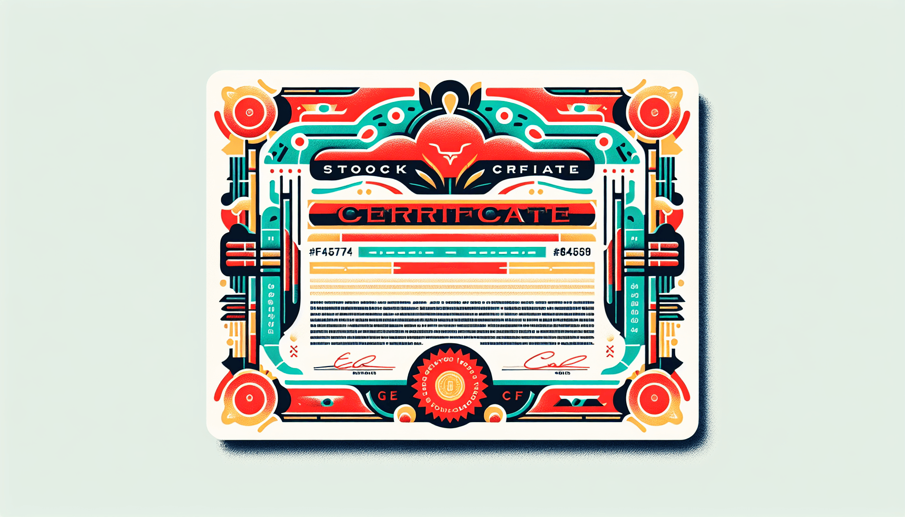 Stock certificate in flat illustration style and white background, red #f47574, green #88c7a8, yellow #fcc44b, and blue #645bc8 colors.