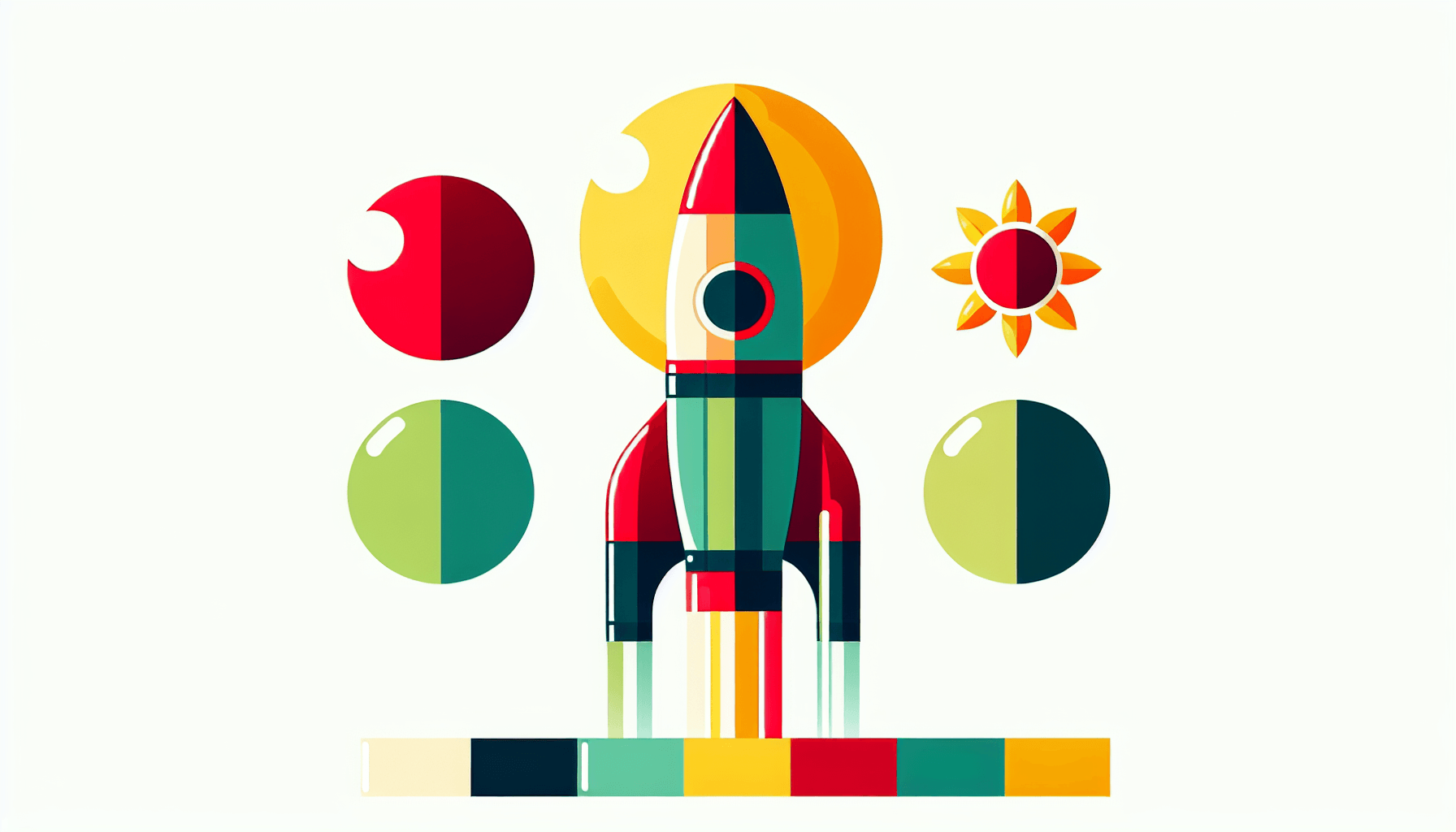 Rocket in flat illustration style and white background, red #f47574, green #88c7a8, yellow #fcc44b, and blue #645bc8 colors.