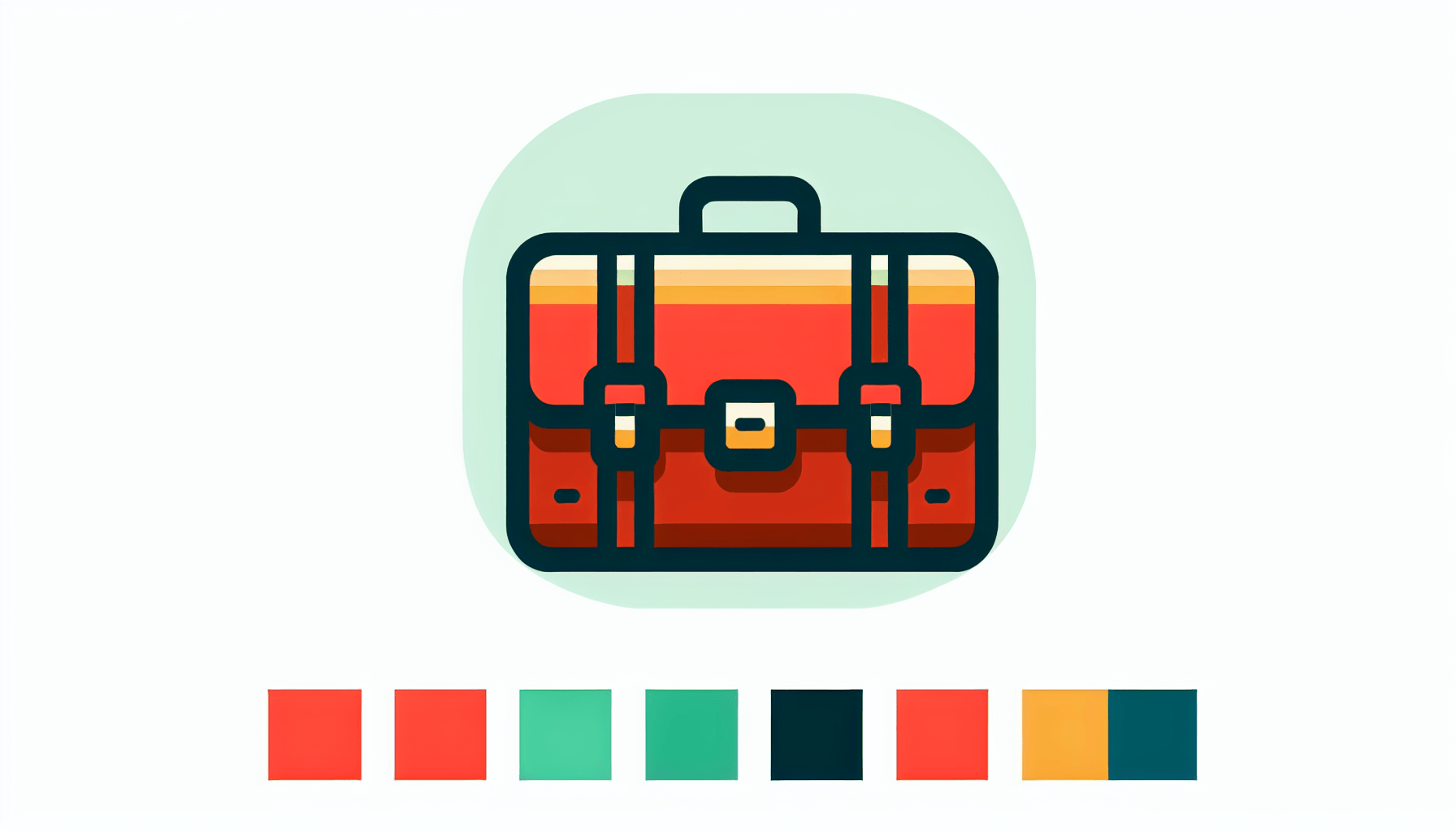 Briefcase in flat illustration style and white background, red #f47574, green #88c7a8, yellow #fcc44b, and blue #645bc8 colors.
