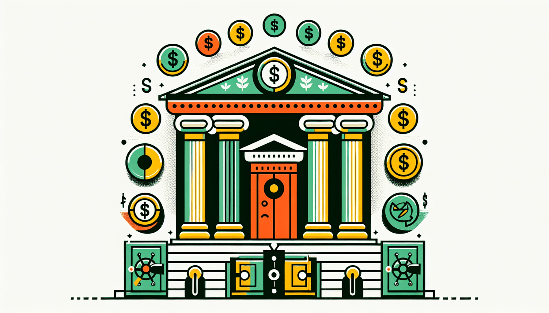 Treasury in flat illustration style and white background, red #f47574, green #88c7a8, yellow #fcc44b, and blue #645bc8 colors.