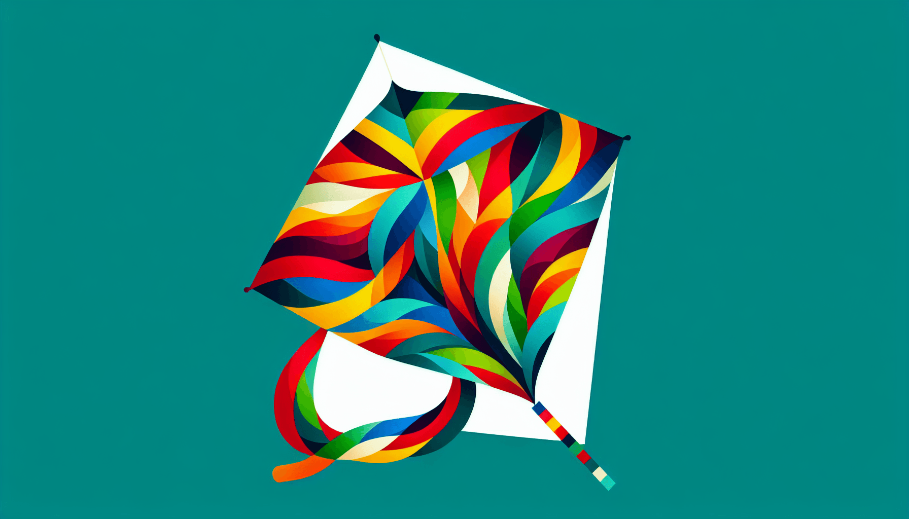 Kite in flat illustration style and white background, red #f47574, green #88c7a8, yellow #fcc44b, and blue #645bc8 colors.