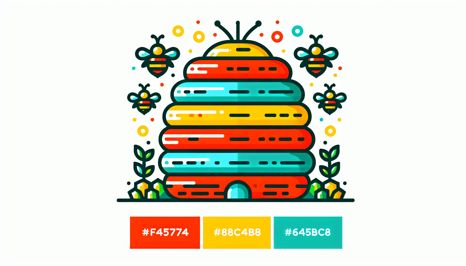 Beehive in flat illustration style and white background, red #f47574, green #88c7a8, yellow #fcc44b, and blue #645bc8 colors.