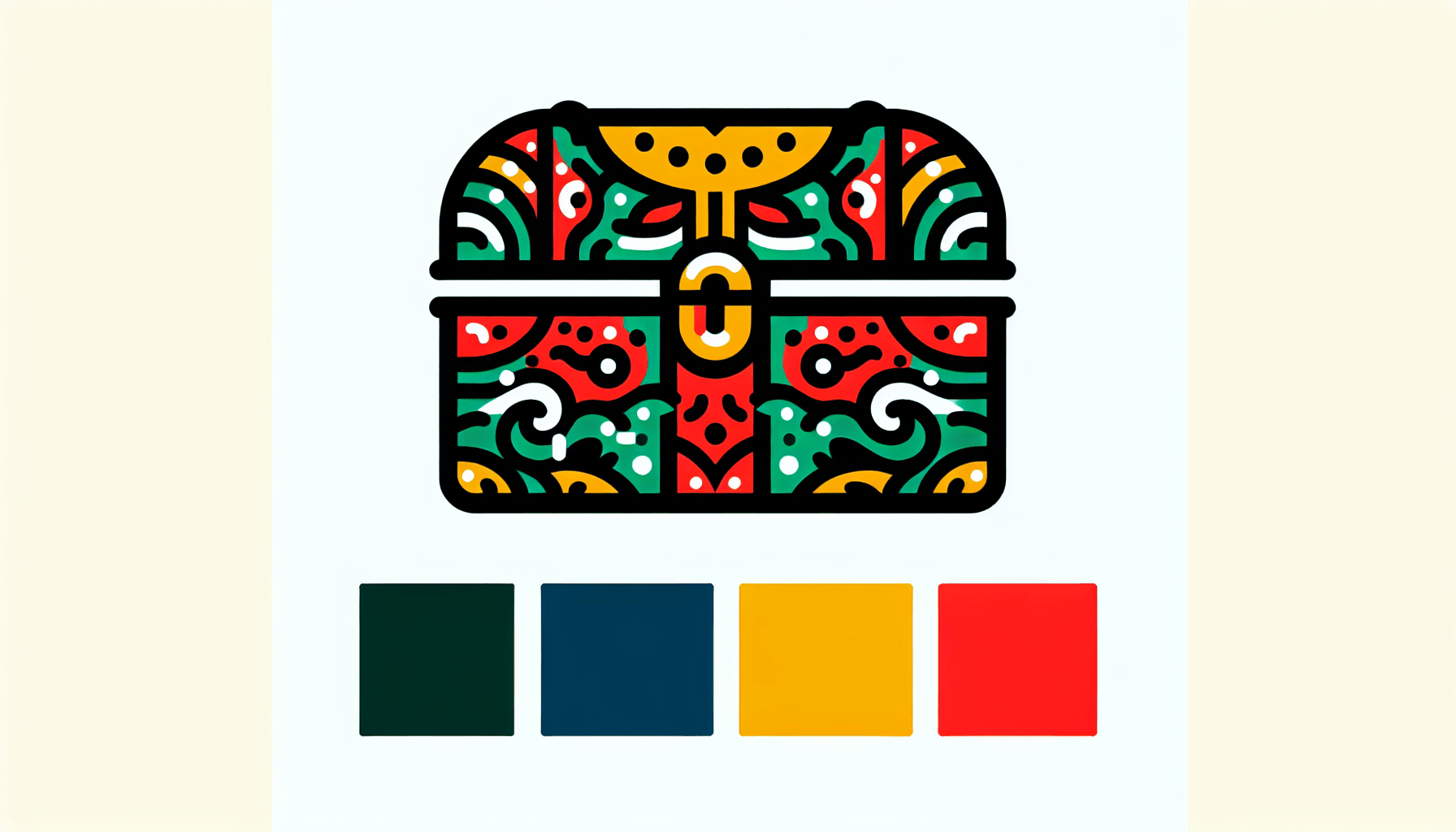 Treasure chest in flat illustration style and white background, red #f47574, green #88c7a8, yellow #fcc44b, and blue #645bc8 colors.