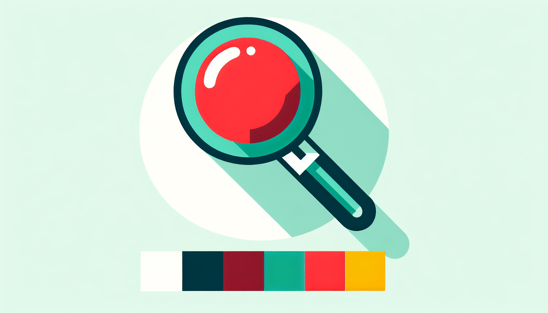 Magnifying glass in flat illustration style and white background, red #f47574, green #88c7a8, yellow #fcc44b, and blue #645bc8 colors.