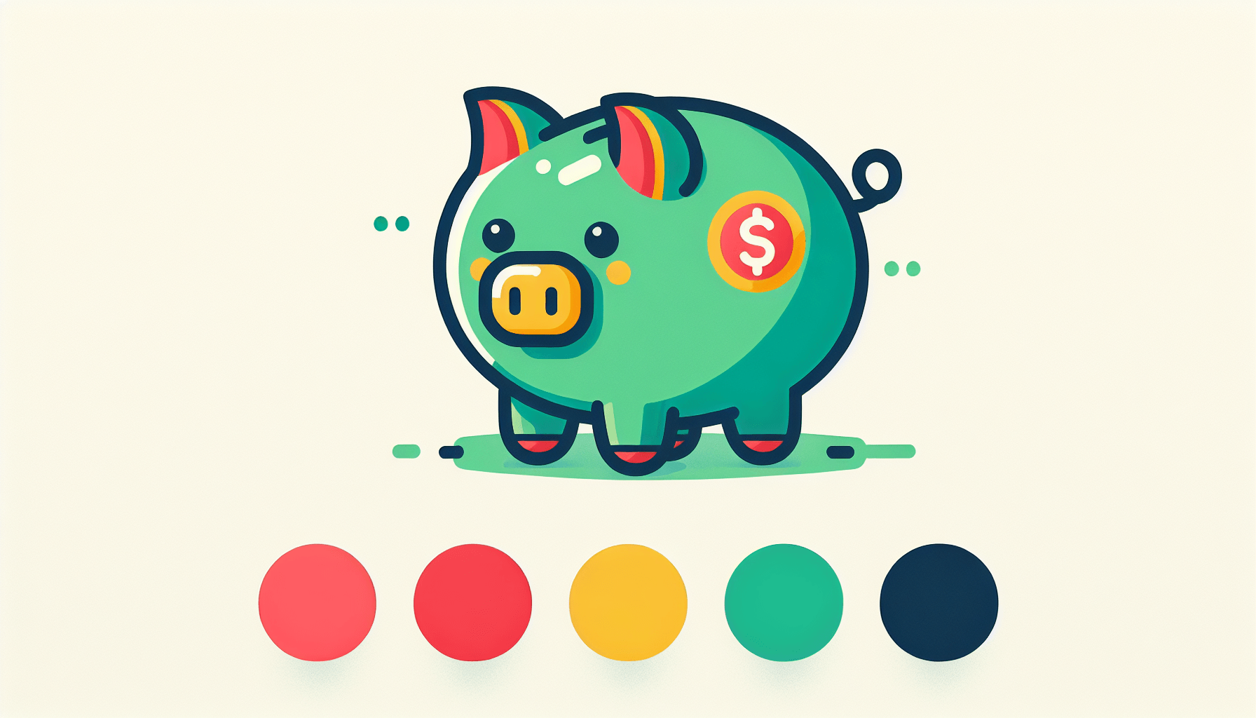 Piggy bank in flat illustration style and white background, red #f47574, green #88c7a8, yellow #fcc44b, and blue #645bc8 colors.