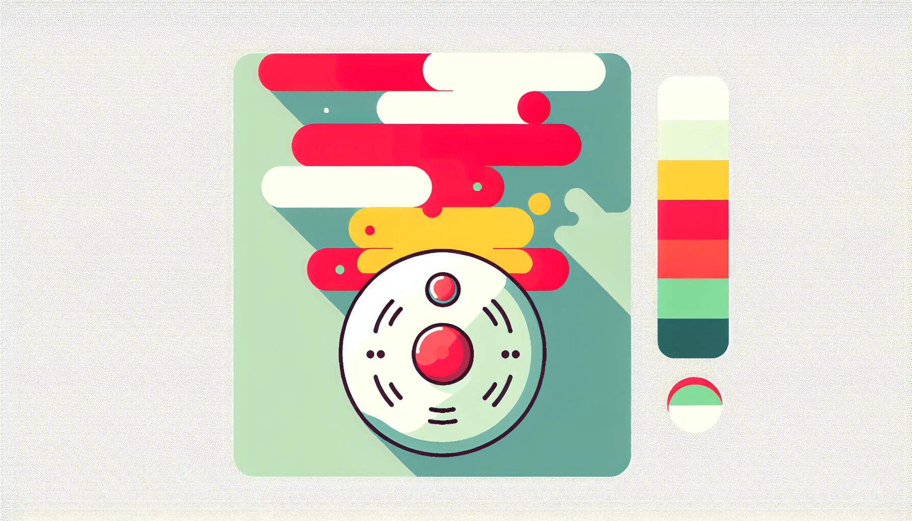 Smoke detector in flat illustration style and white background, red #f47574, green #88c7a8, yellow #fcc44b, and blue #645bc8 colors.