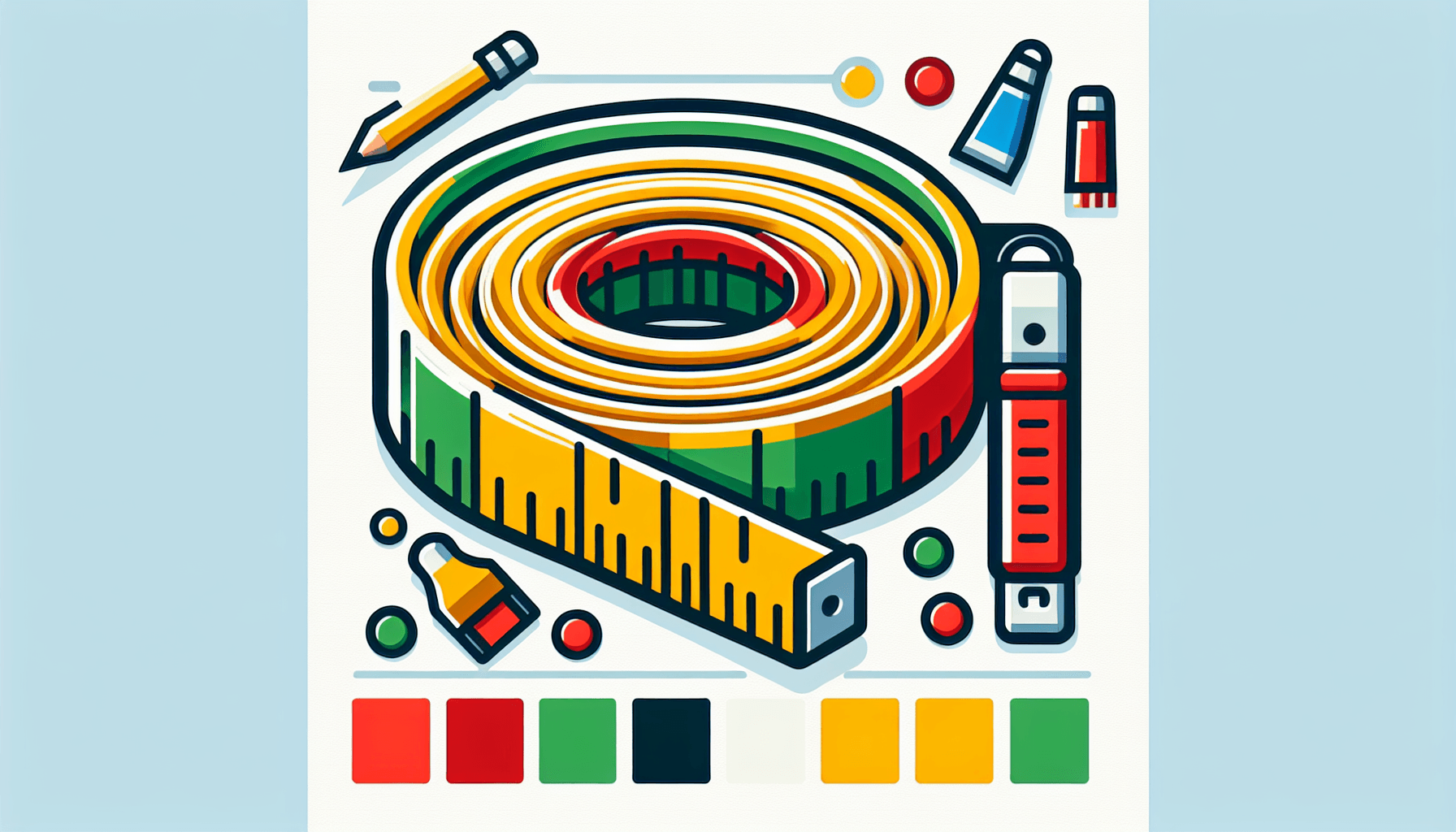 Measuring tape in flat illustration style and white background, red #f47574, green #88c7a8, yellow #fcc44b, and blue #645bc8 colors.