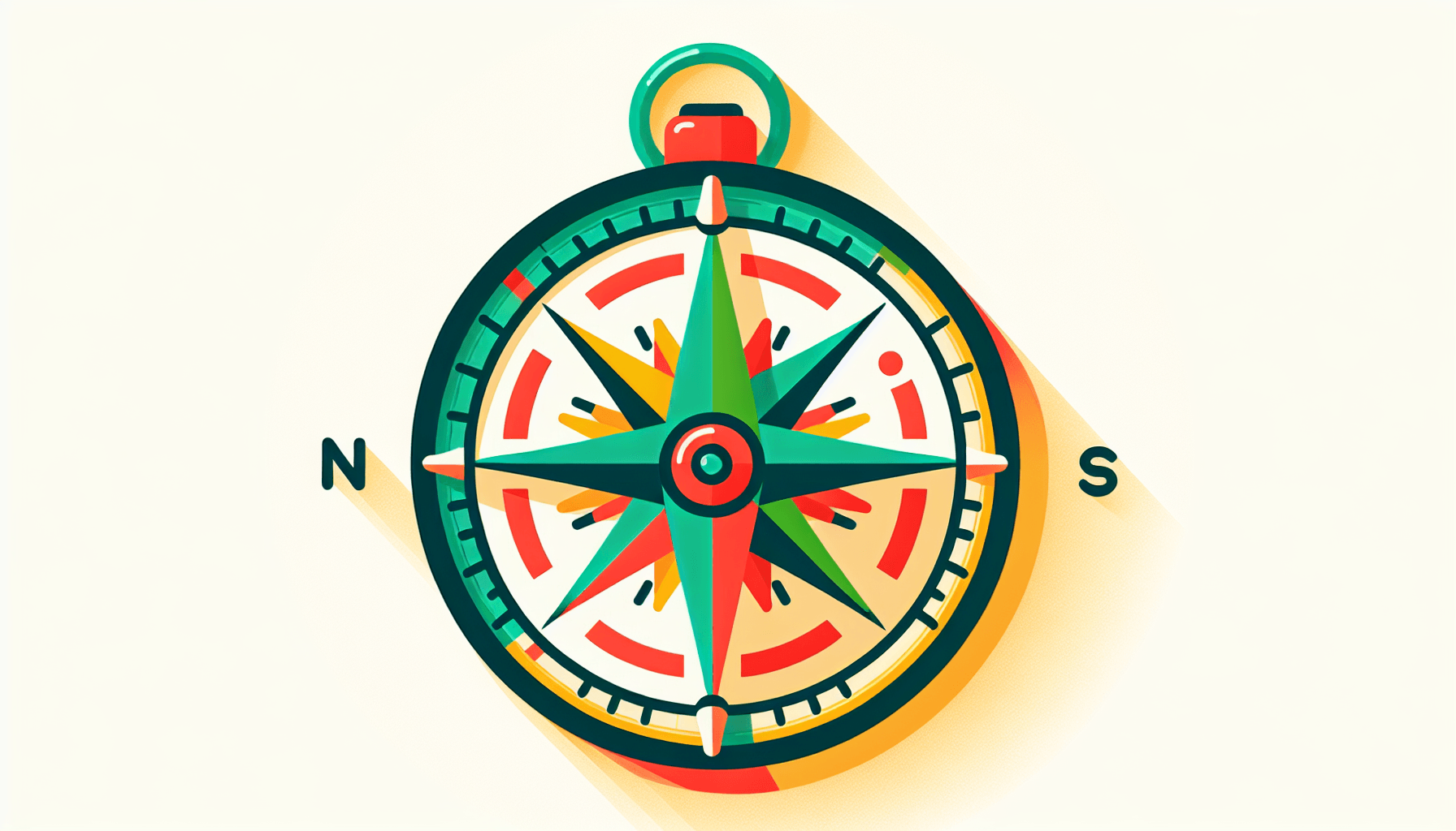 Compass in flat illustration style and white background, red #f47574, green #88c7a8, yellow #fcc44b, and blue #645bc8 colors.