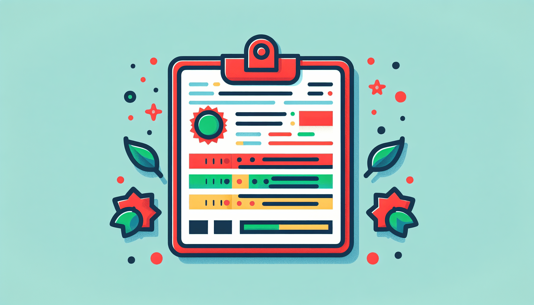 Report card in flat illustration style and white background, red #f47574, green #88c7a8, yellow #fcc44b, and blue #645bc8 colors.