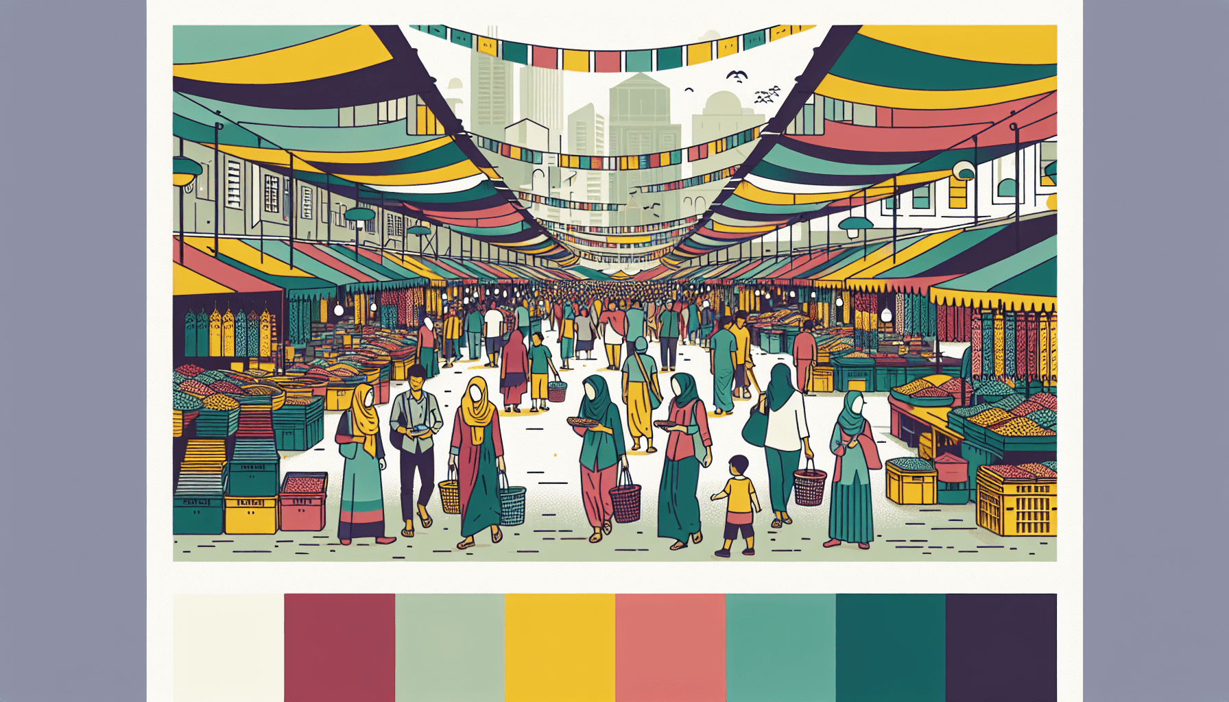 Marketplace in flat illustration style and white background, red #f47574, green #88c7a8, yellow #fcc44b, and blue #645bc8 colors.
