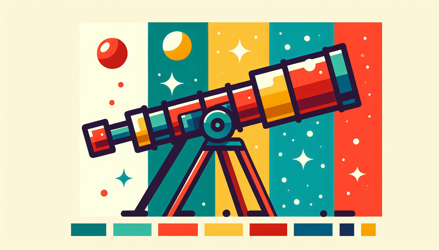 Telescope in flat illustration style and white background, red #f47574, green #88c7a8, yellow #fcc44b, and blue #645bc8 colors.