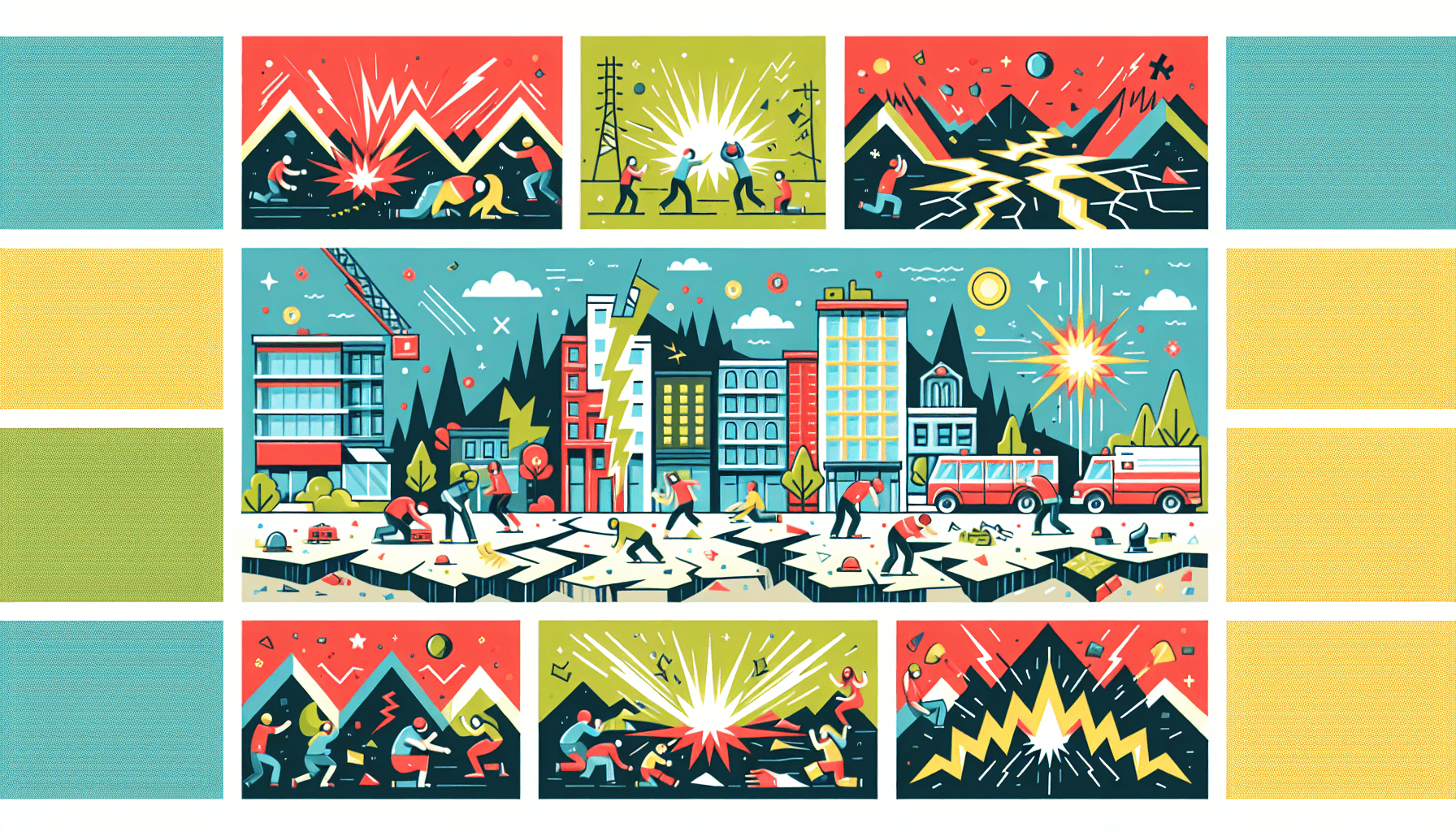 Earthquake in flat illustration style and white background, red #f47574, green #88c7a8, yellow #fcc44b, and blue #645bc8 colors.