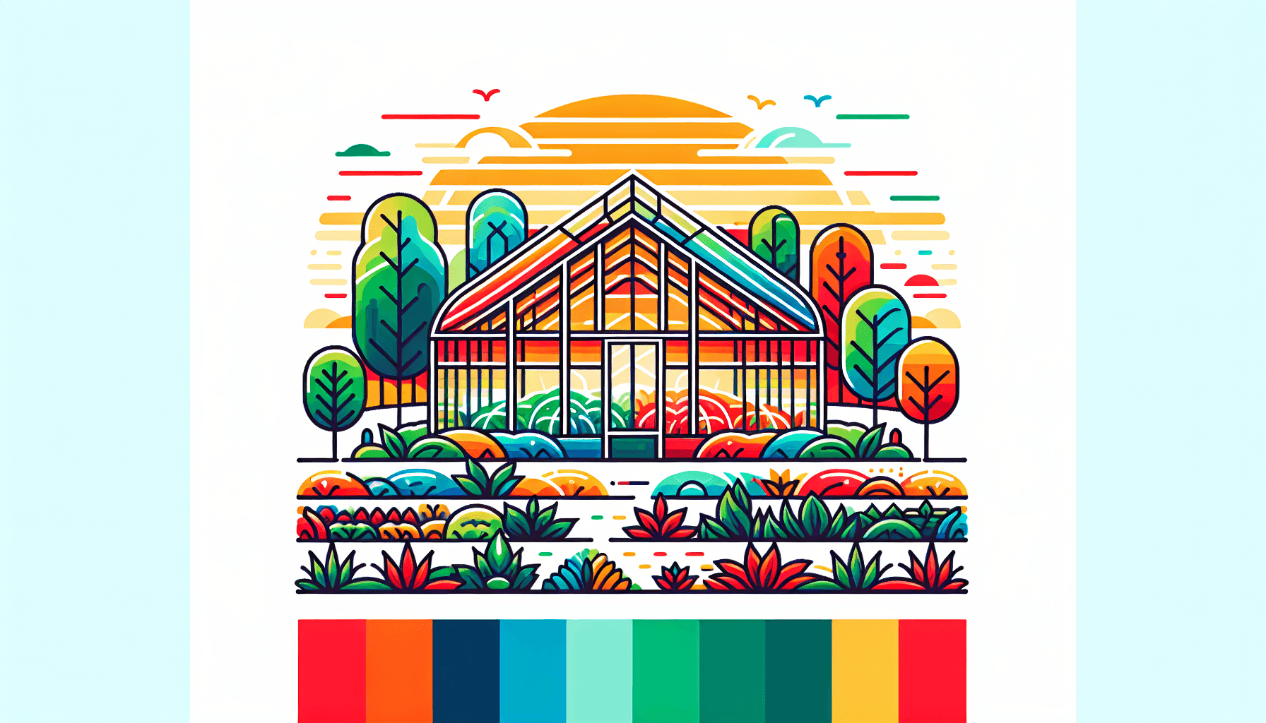 Greenhouse in flat illustration style and white background, red #f47574, green #88c7a8, yellow #fcc44b, and blue #645bc8 colors.