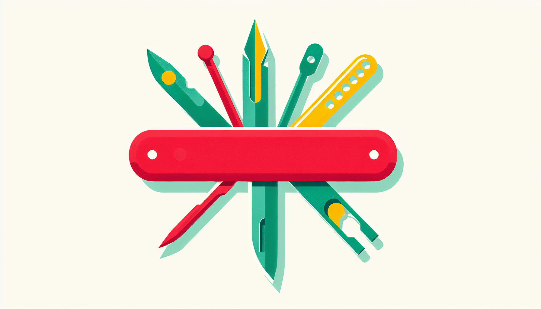 Swiss knife in flat illustration style and white background, red #f47574, green #88c7a8, yellow #fcc44b, and blue #645bc8 colors.