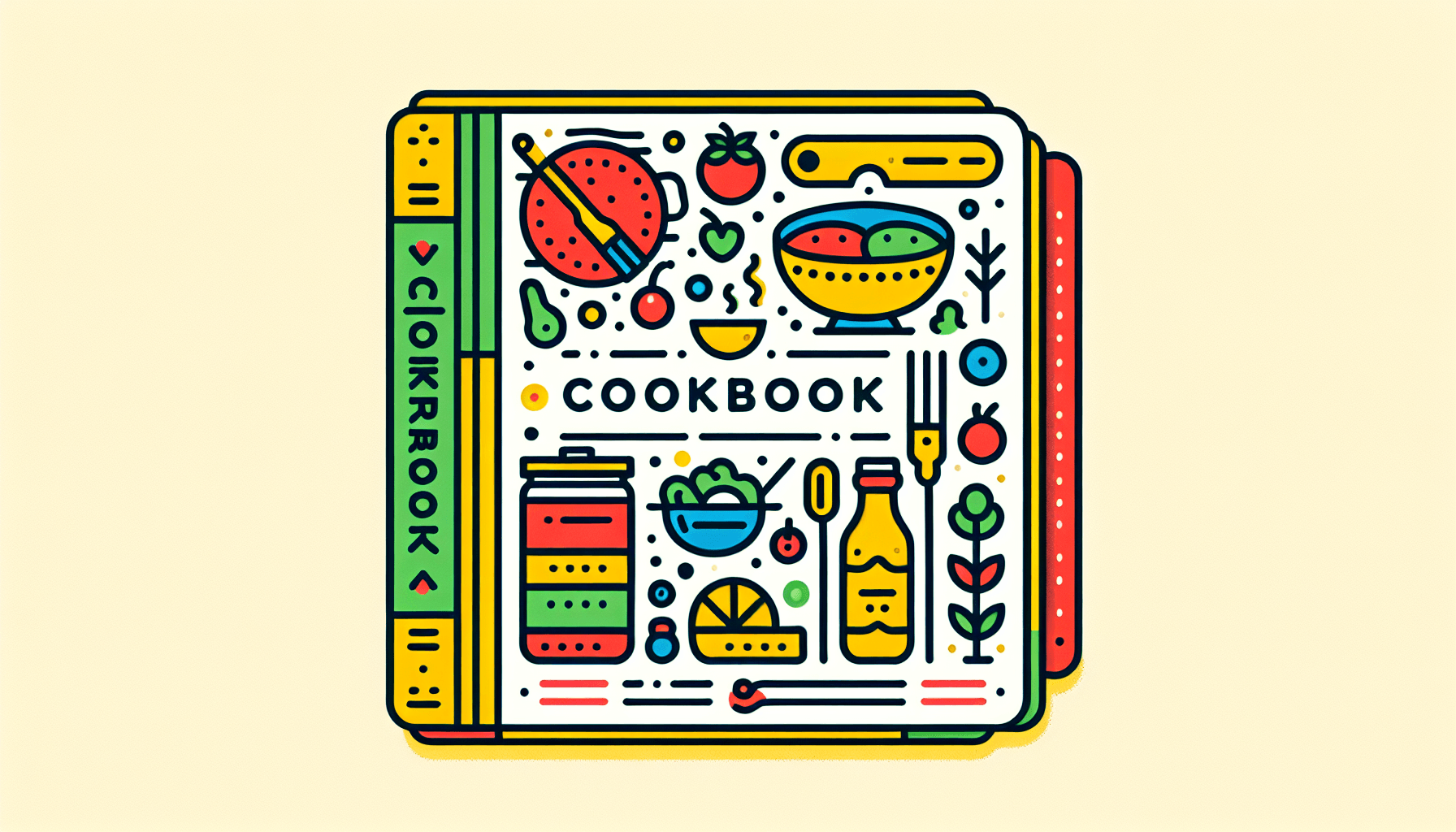 Cookbook in flat illustration style and white background, red #f47574, green #88c7a8, yellow #fcc44b, and blue #645bc8 colors.