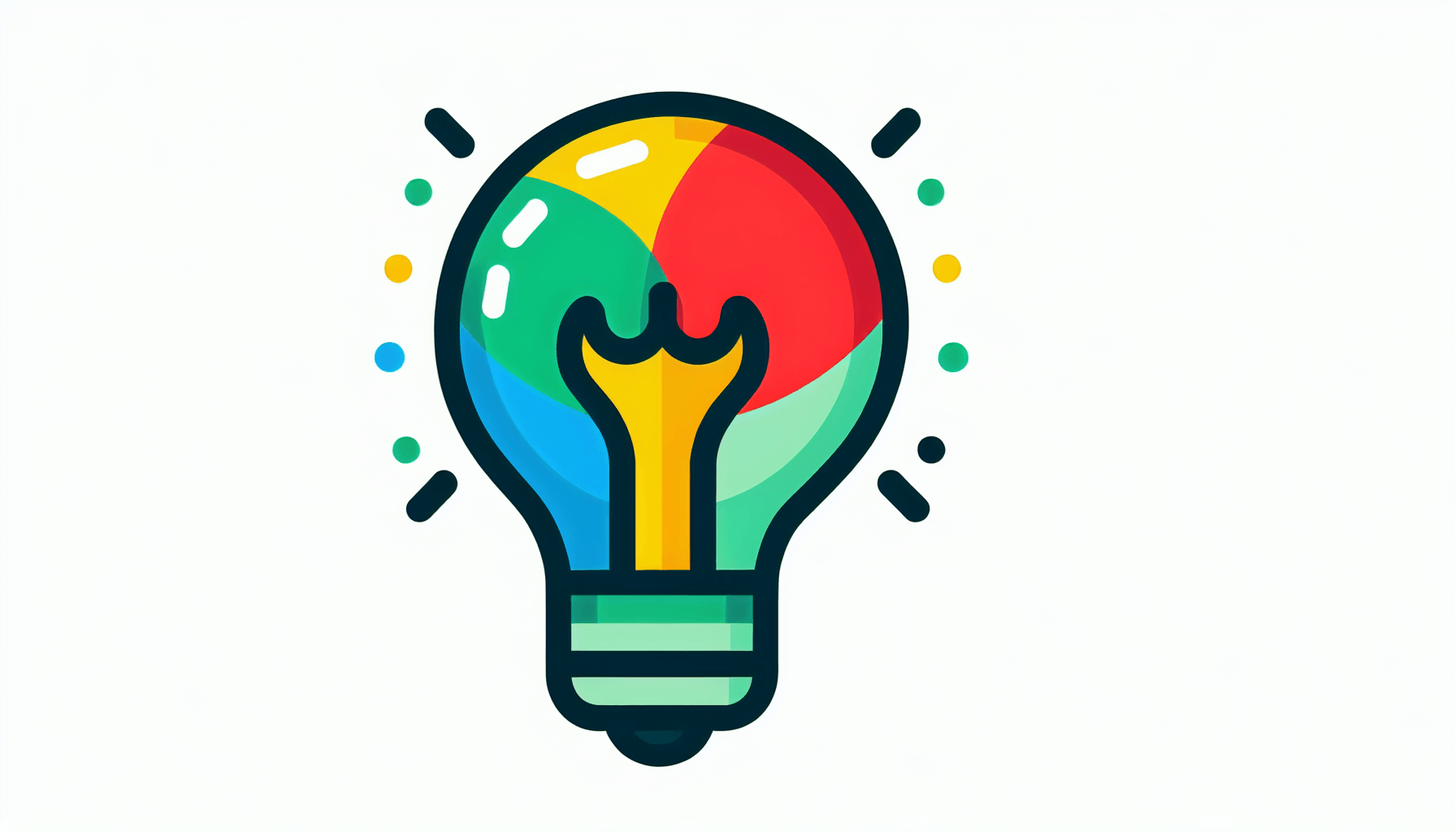 Lightbulb in flat illustration style and white background, red #f47574, green #88c7a8, yellow #fcc44b, and blue #645bc8 colors.