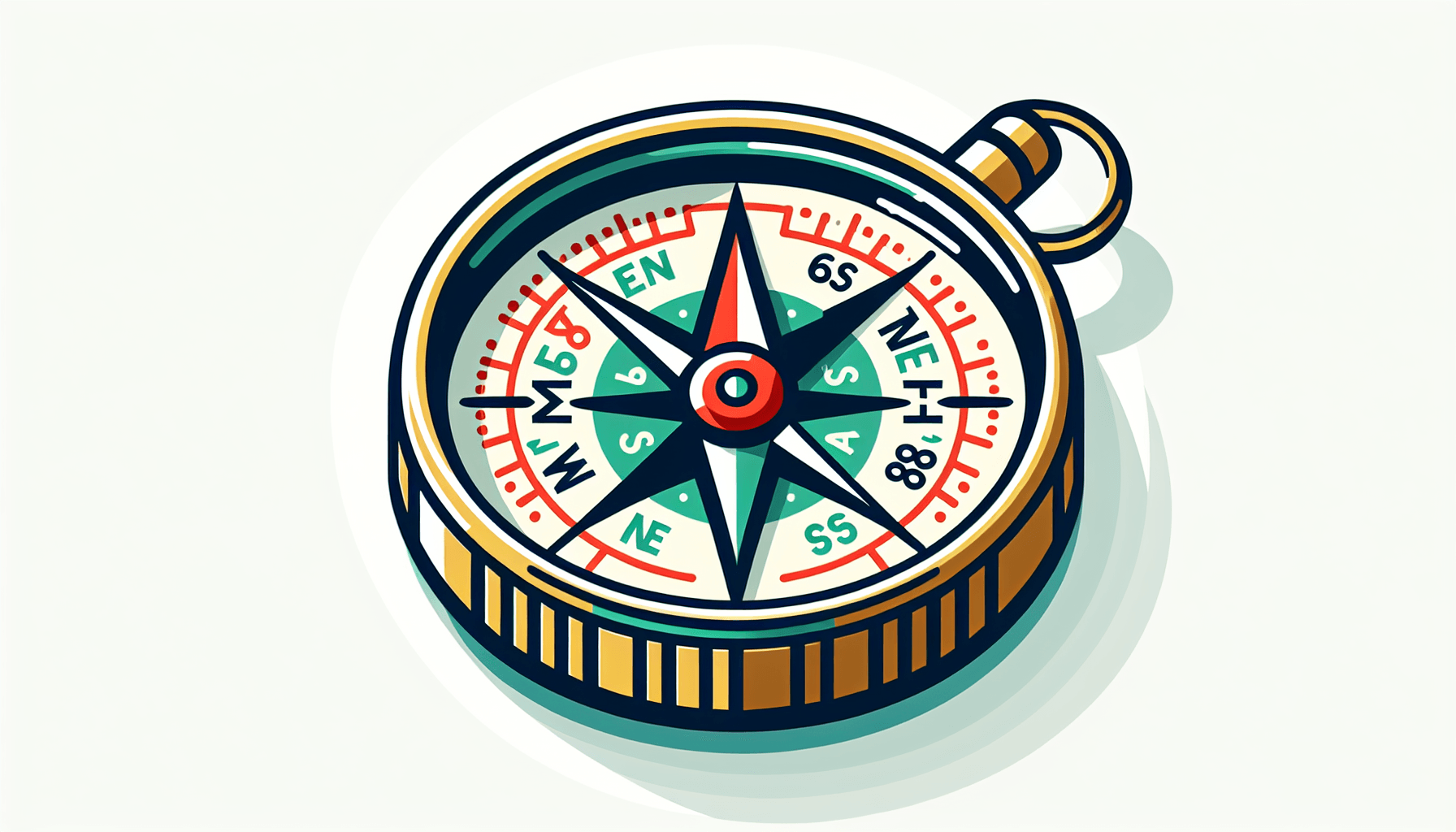 Compass in flat illustration style and white background, red #f47574, green #88c7a8, yellow #fcc44b, and blue #645bc8 colors.