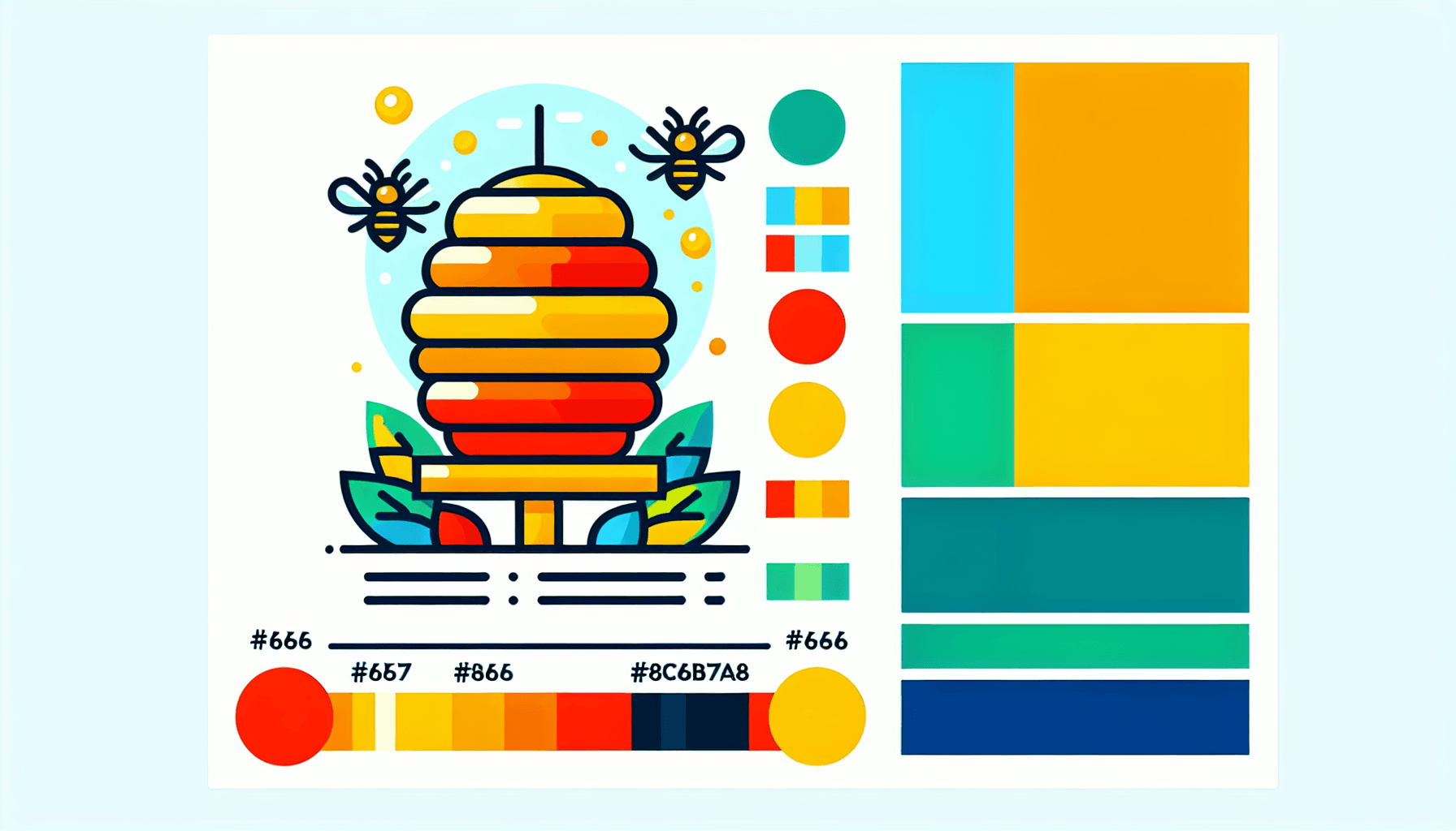 Beehive in flat illustration style and white background, red #f47574, green #88c7a8, yellow #fcc44b, and blue #645bc8 colors.