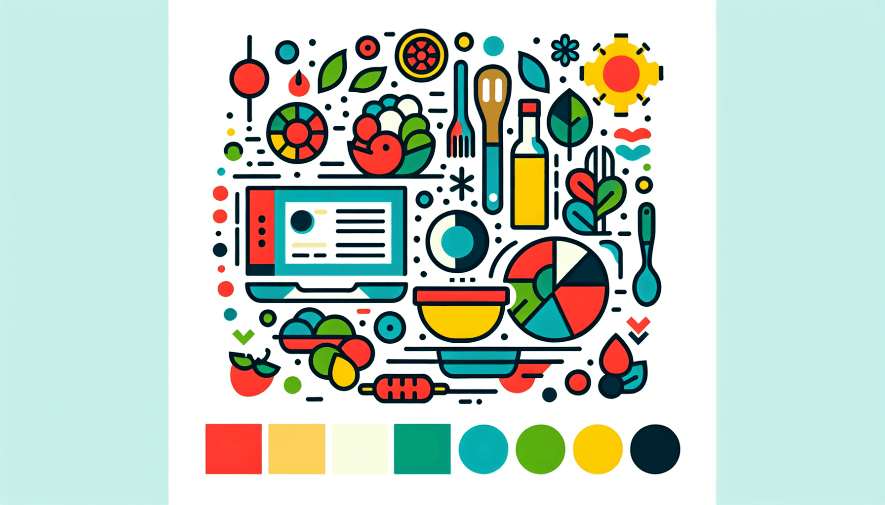 Recipe in flat illustration style and white background, red #f47574, green #88c7a8, yellow #fcc44b, and blue #645bc8 colors.