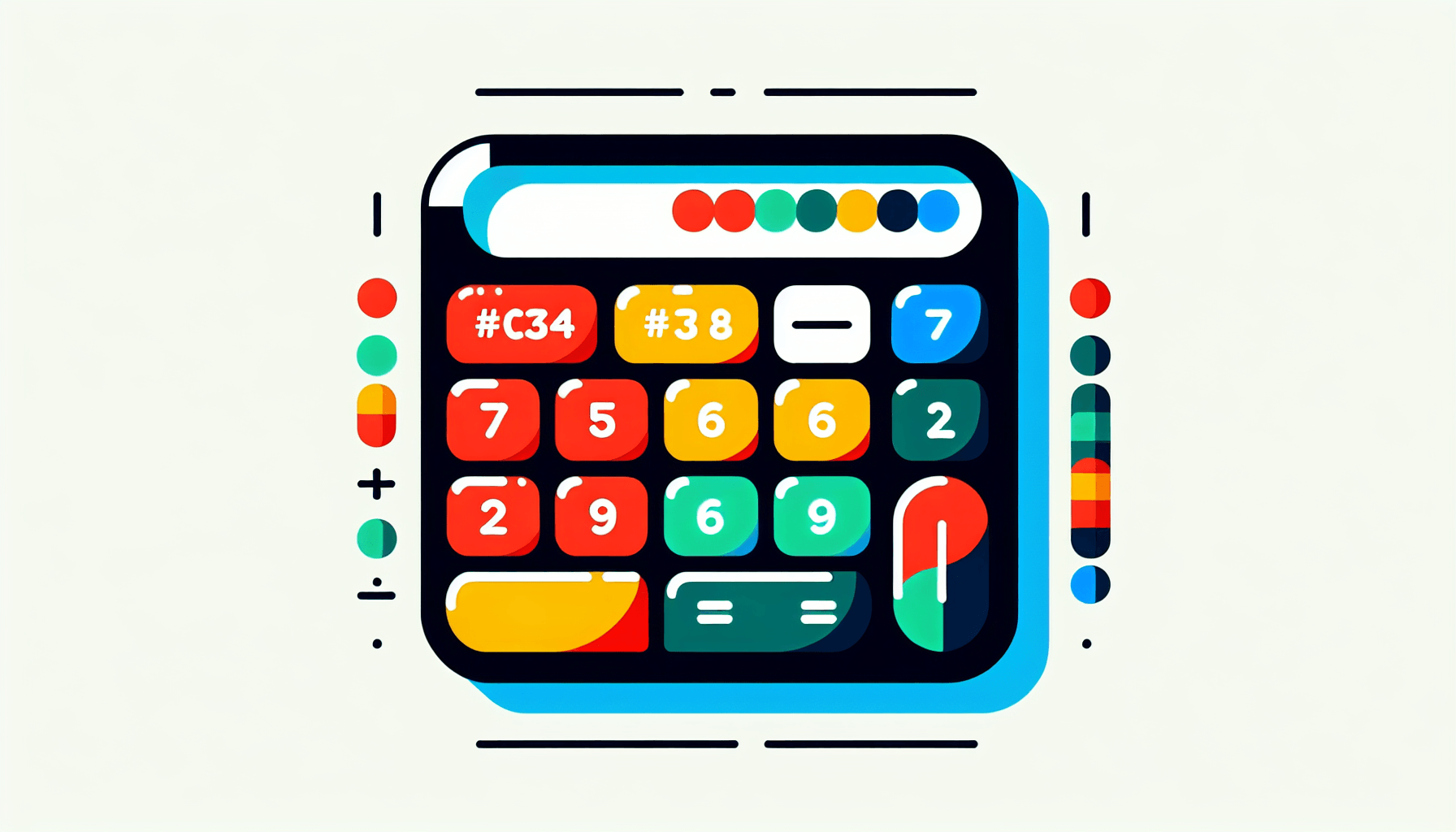 Calculator in flat illustration style and white background, red #f47574, green #88c7a8, yellow #fcc44b, and blue #645bc8 colors.