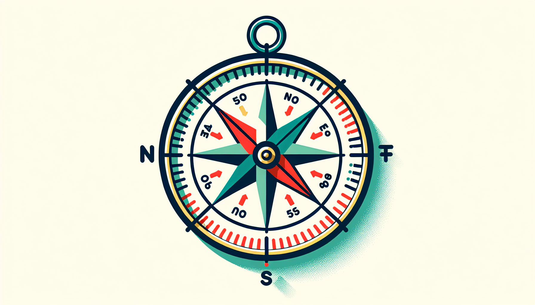 Compass in flat illustration style and white background, red #f47574, green #88c7a8, yellow #fcc44b, and blue #645bc8 colors.