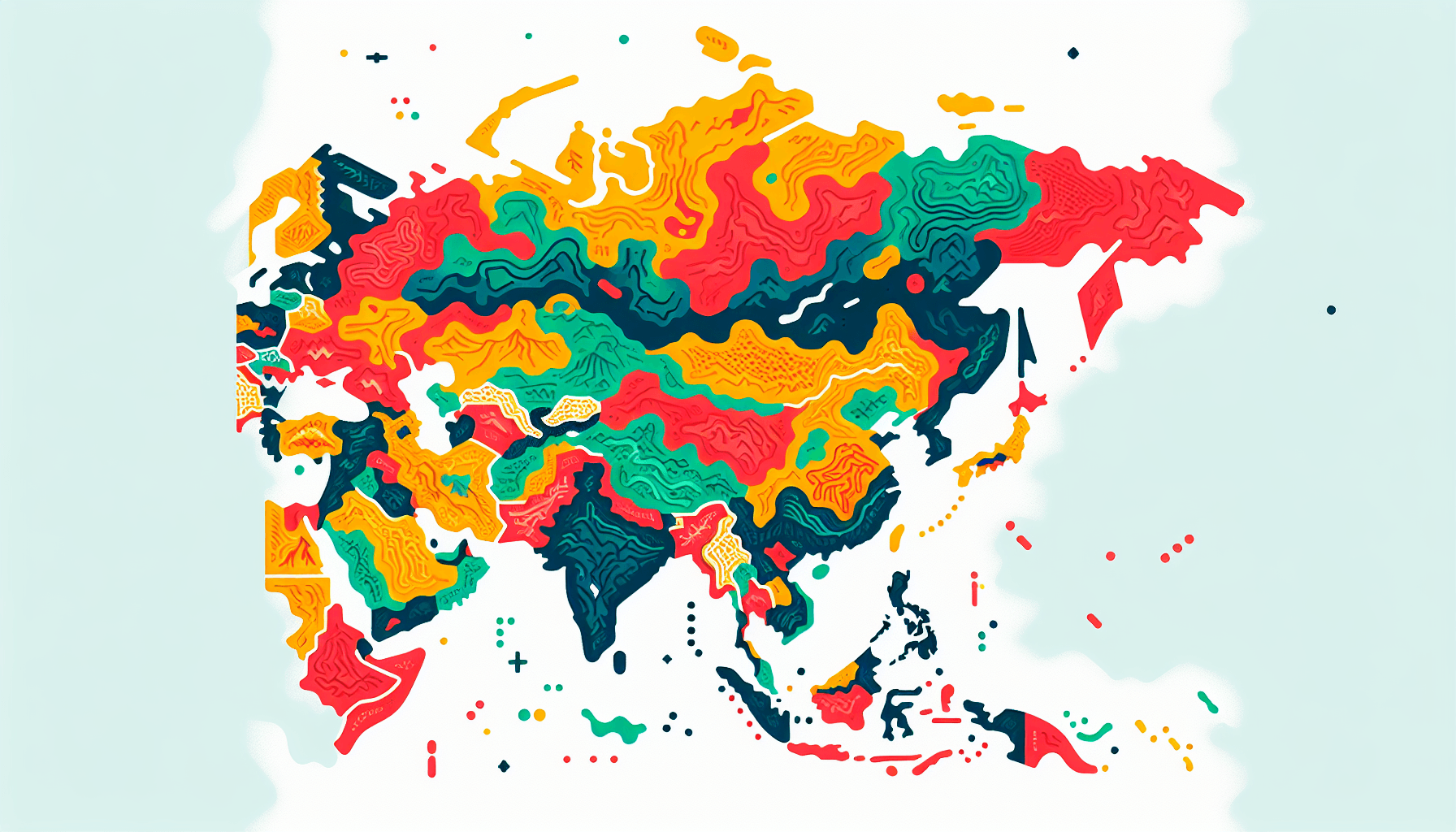 Map in flat illustration style and white background, red #f47574, green #88c7a8, yellow #fcc44b, and blue #645bc8 colors.