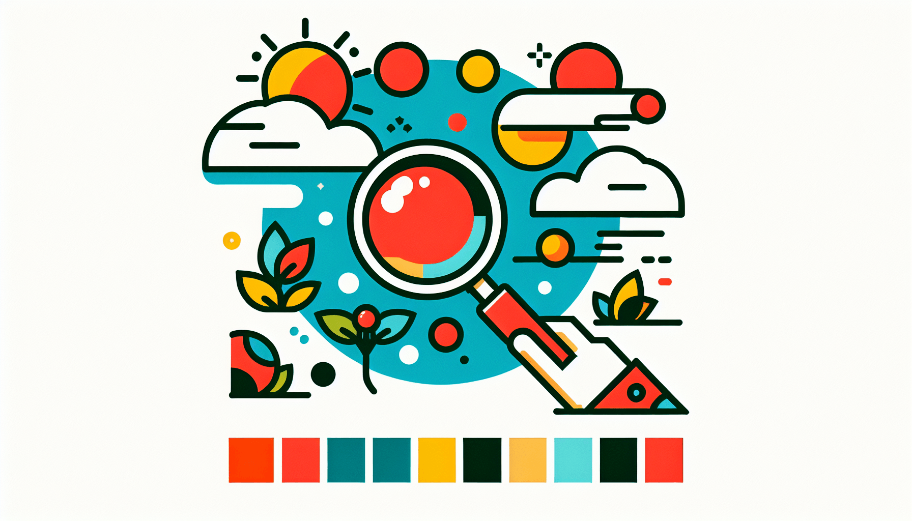 Magnifying glass in flat illustration style and white background, red #f47574, green #88c7a8, yellow #fcc44b, and blue #645bc8 colors.