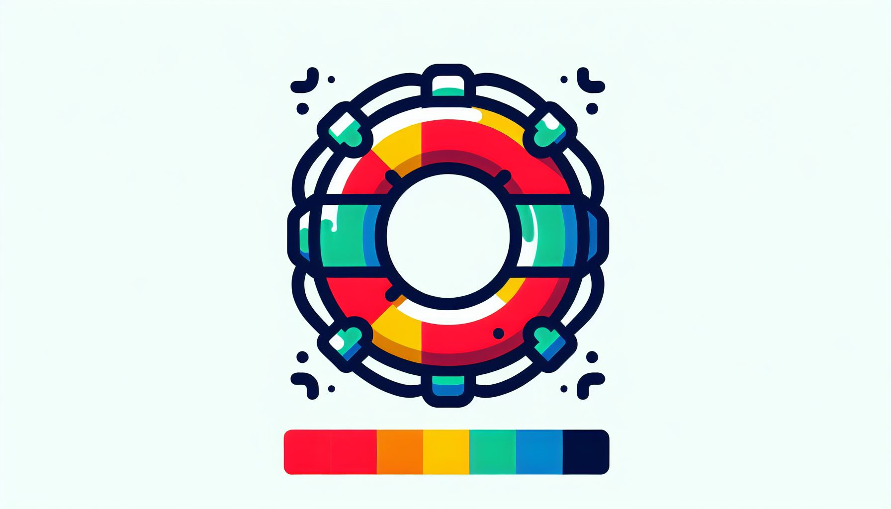 Lifebuoy in flat illustration style and white background, red #f47574, green #88c7a8, yellow #fcc44b, and blue #645bc8 colors.