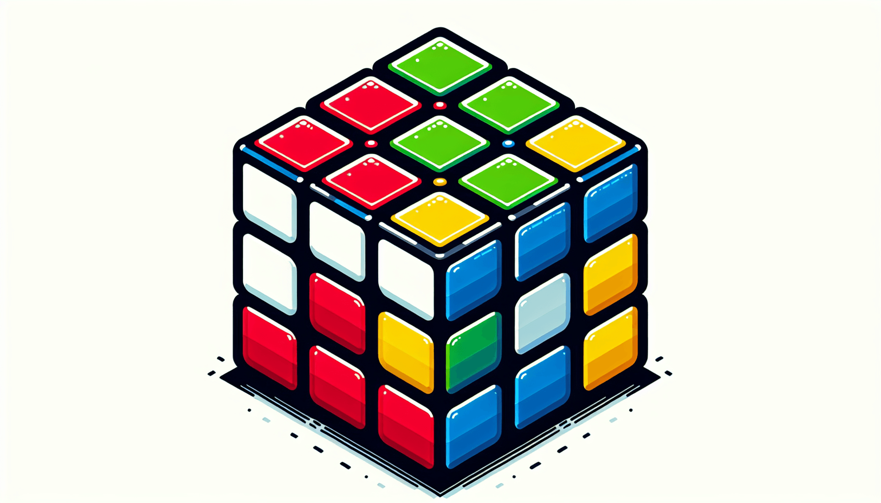 Rubik's cube in flat illustration style and white background, red #f47574, green #88c7a8, yellow #fcc44b, and blue #645bc8 colors.
