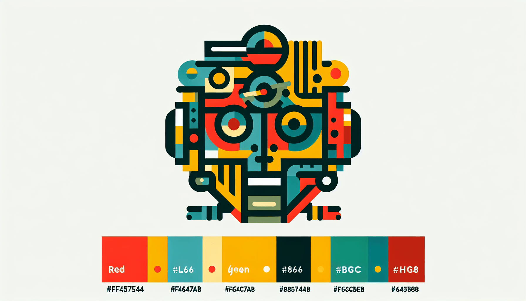 Robot head in flat illustration style and white background, red #f47574, green #88c7a8, yellow #fcc44b, and blue #645bc8 colors.