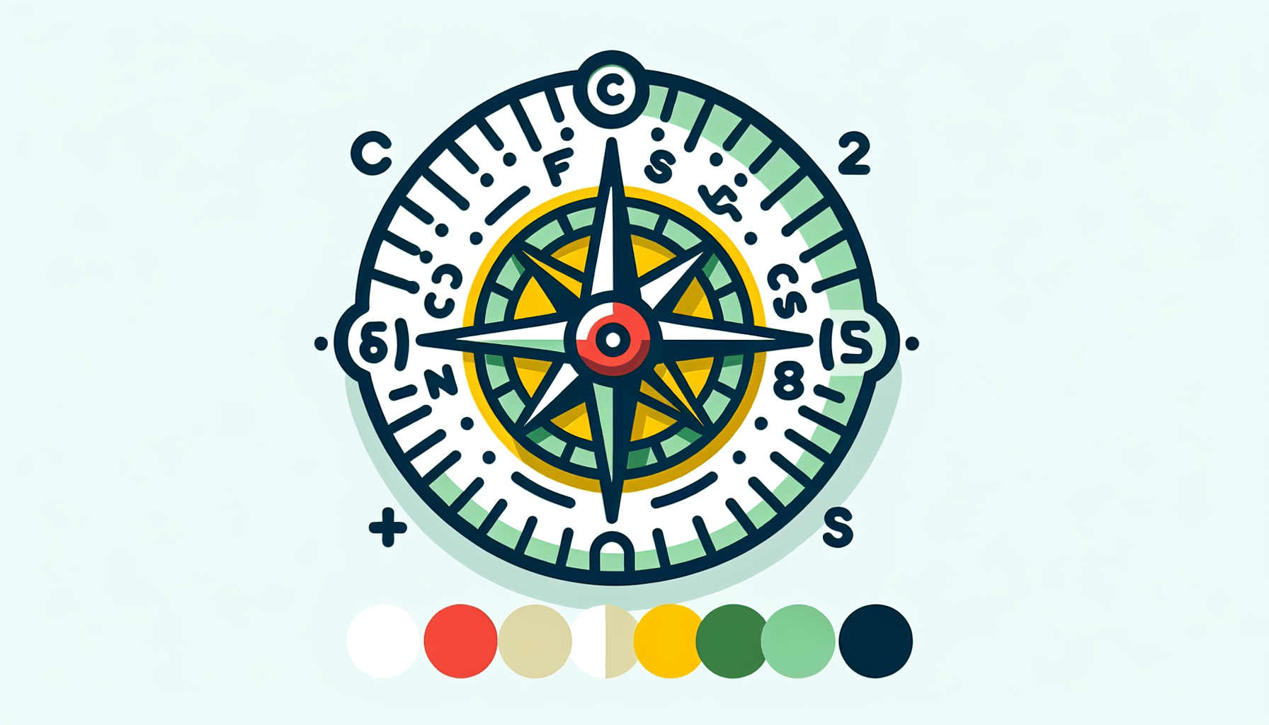 Compass in flat illustration style and white background, red #f47574, green #88c7a8, yellow #fcc44b, and blue #645bc8 colors.