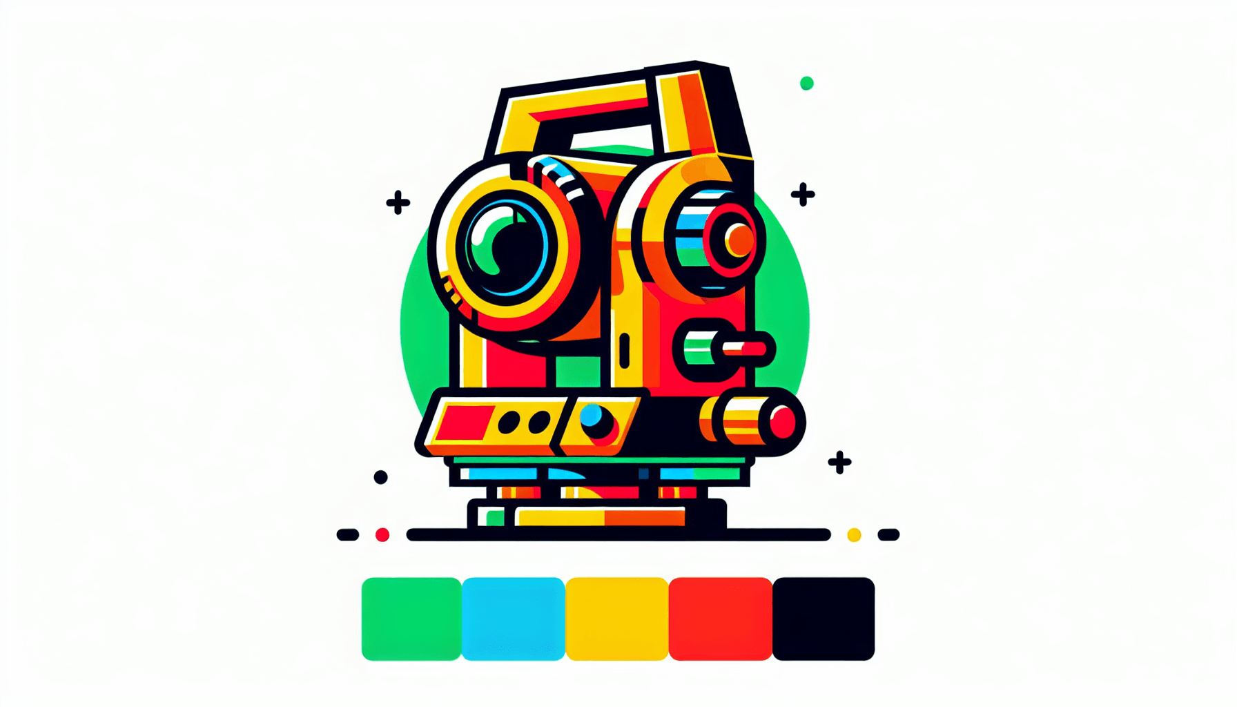 Surveyor's theodolite in flat illustration style and white background, red #f47574, green #88c7a8, yellow #fcc44b, and blue #645bc8 colors.