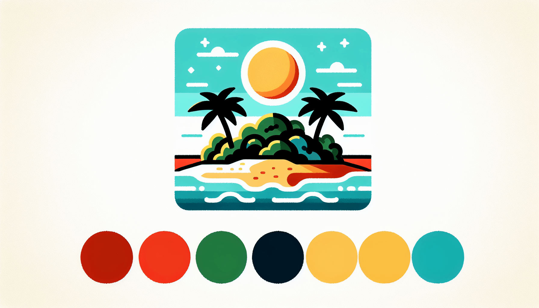 Island in flat illustration style and white background, red #f47574, green #88c7a8, yellow #fcc44b, and blue #645bc8 colors.