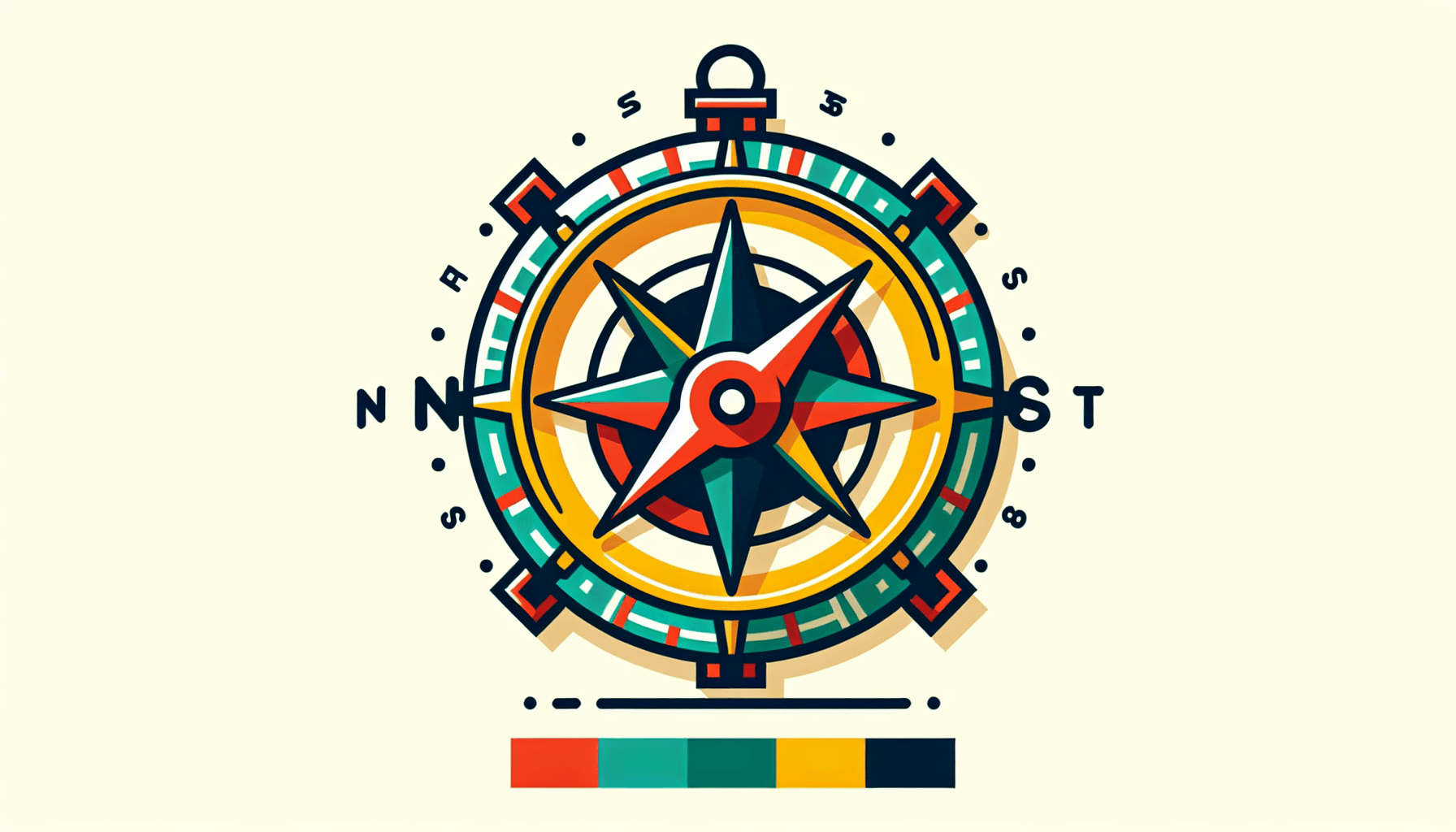 Compass in flat illustration style and white background, red #f47574, green #88c7a8, yellow #fcc44b, and blue #645bc8 colors.