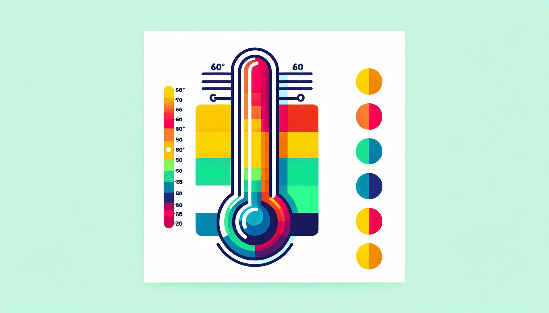 Thermometer in flat illustration style and white background, red #f47574, green #88c7a8, yellow #fcc44b, and blue #645bc8 colors.