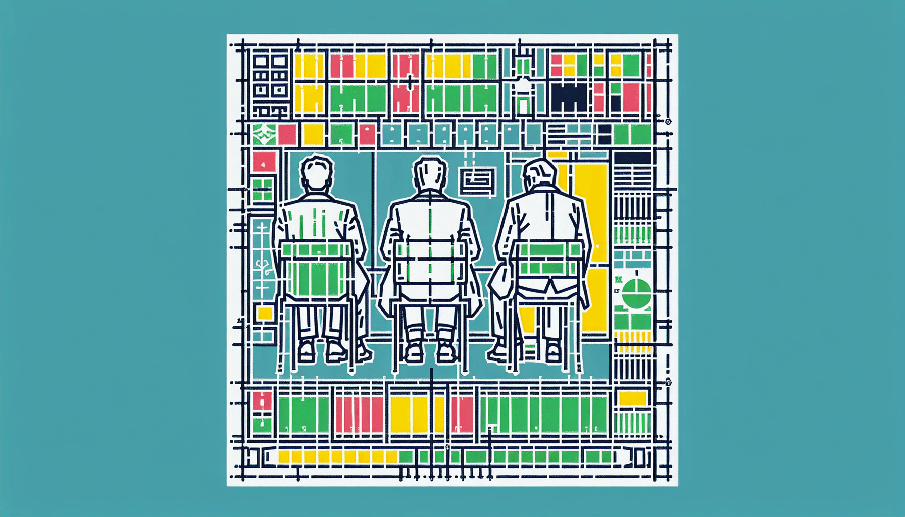 Blueprint in flat illustration style and white background, red #f47574, green #88c7a8, yellow #fcc44b, and blue #645bc8 colors.