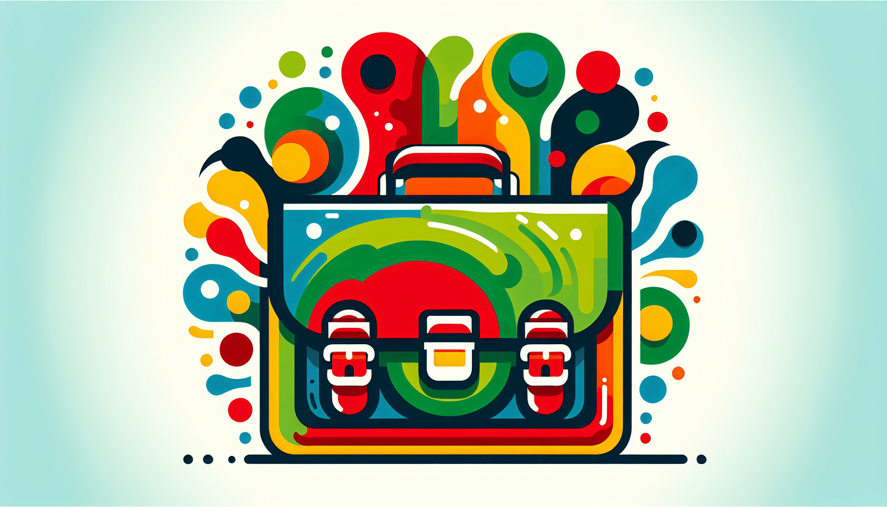 Briefcase in flat illustration style and white background, red #f47574, green #88c7a8, yellow #fcc44b, and blue #645bc8 colors.