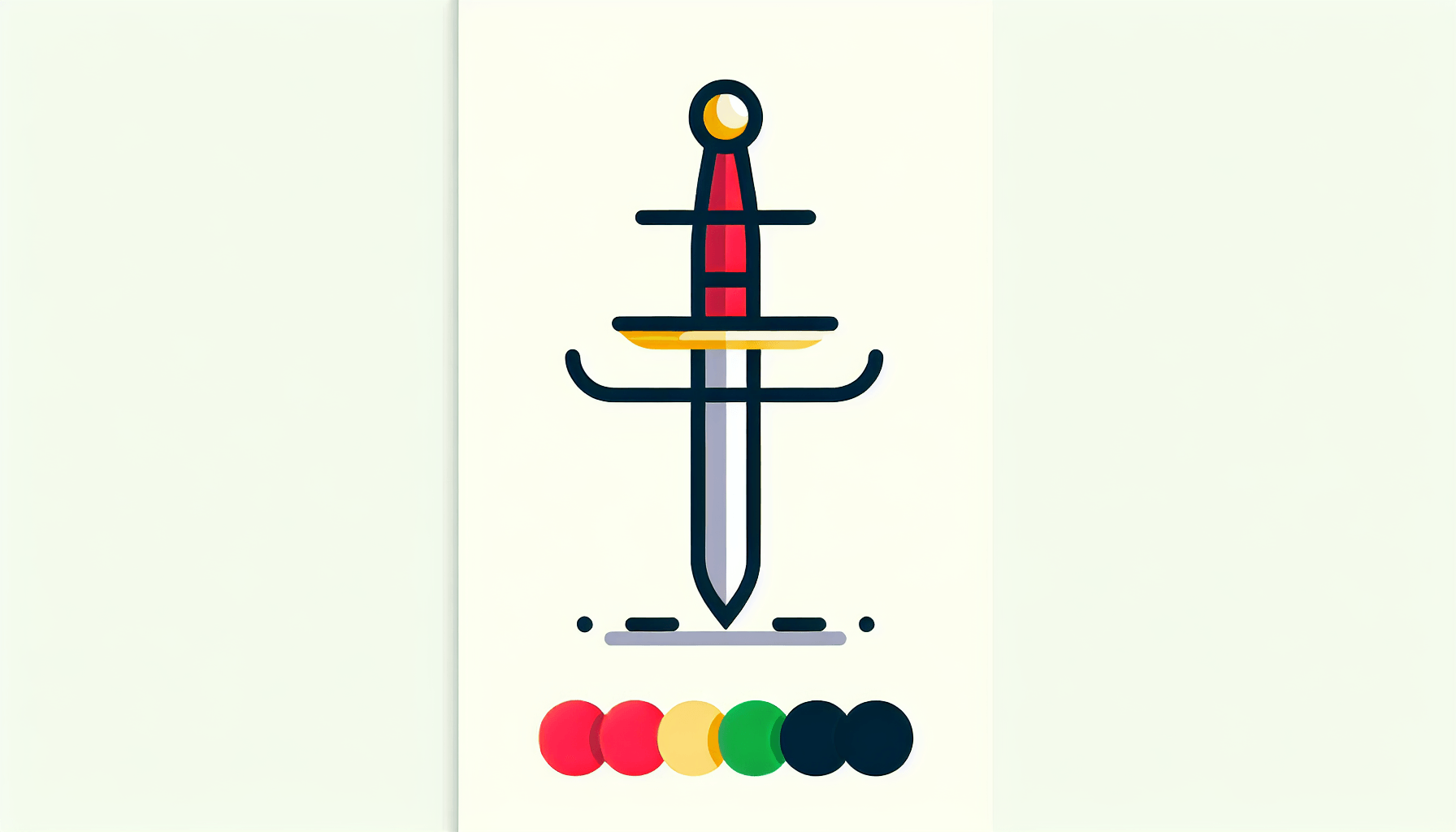 Sword balance in flat illustration style and white background, red #f47574, green #88c7a8, yellow #fcc44b, and blue #645bc8 colors.