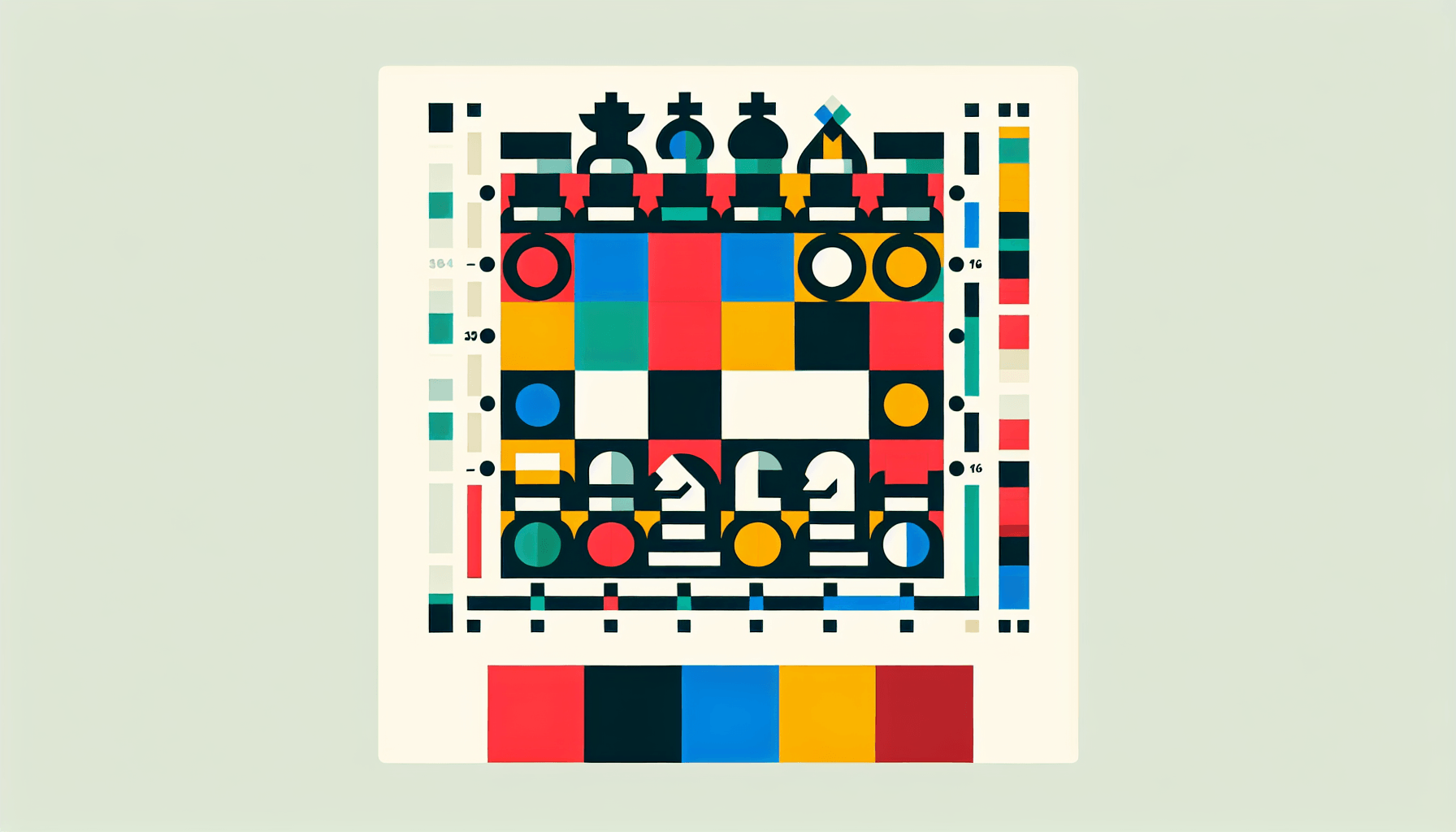 Chessboard in flat illustration style and white background, red #f47574, green #88c7a8, yellow #fcc44b, and blue #645bc8 colors.
