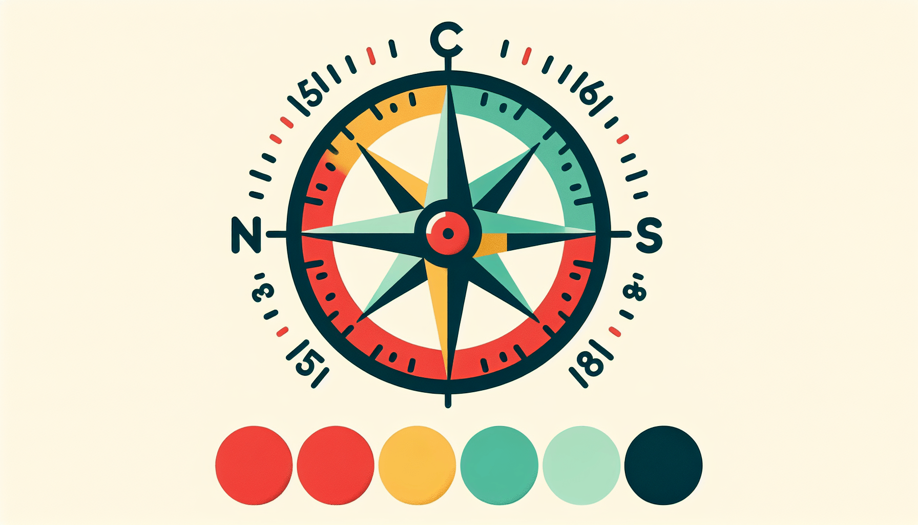 Compass in flat illustration style and white background, red #f47574, green #88c7a8, yellow #fcc44b, and blue #645bc8 colors.