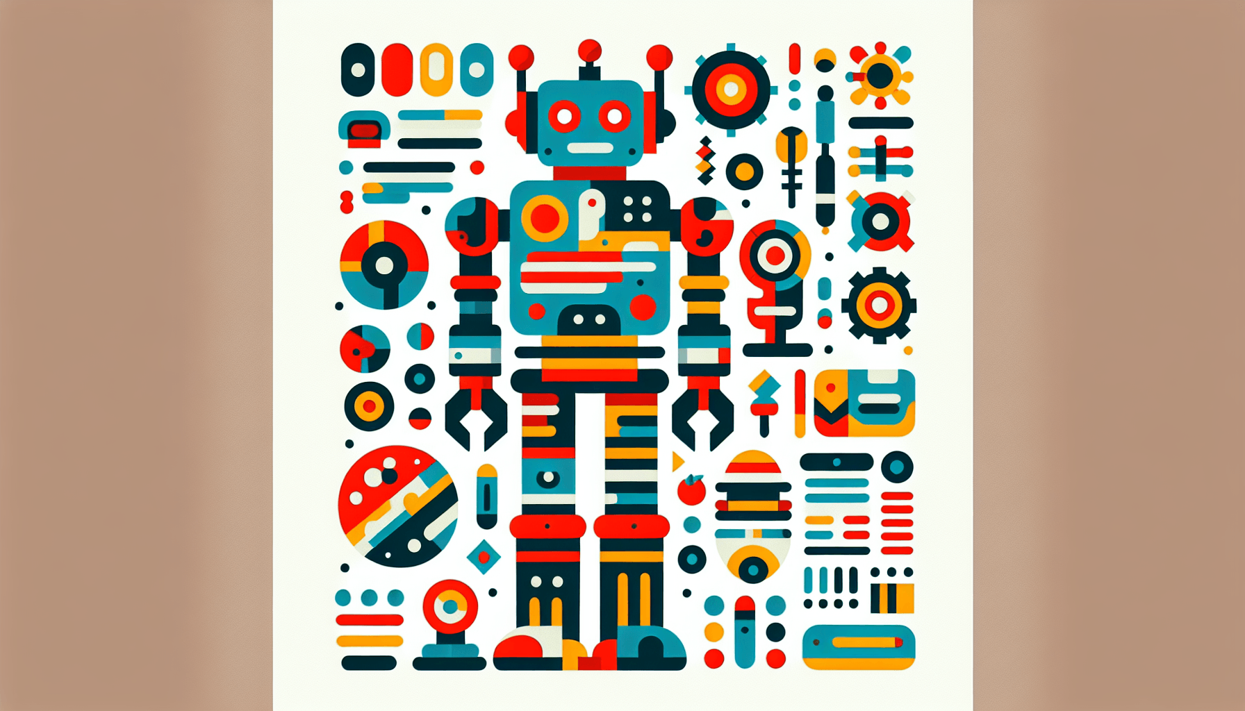Robot in flat illustration style and white background, red #f47574, green #88c7a8, yellow #fcc44b, and blue #645bc8 colors.