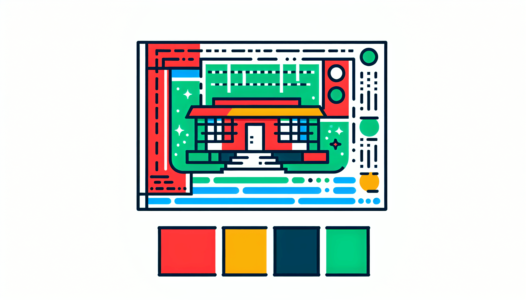 Blueprint in flat illustration style and white background, red #f47574, green #88c7a8, yellow #fcc44b, and blue #645bc8 colors.