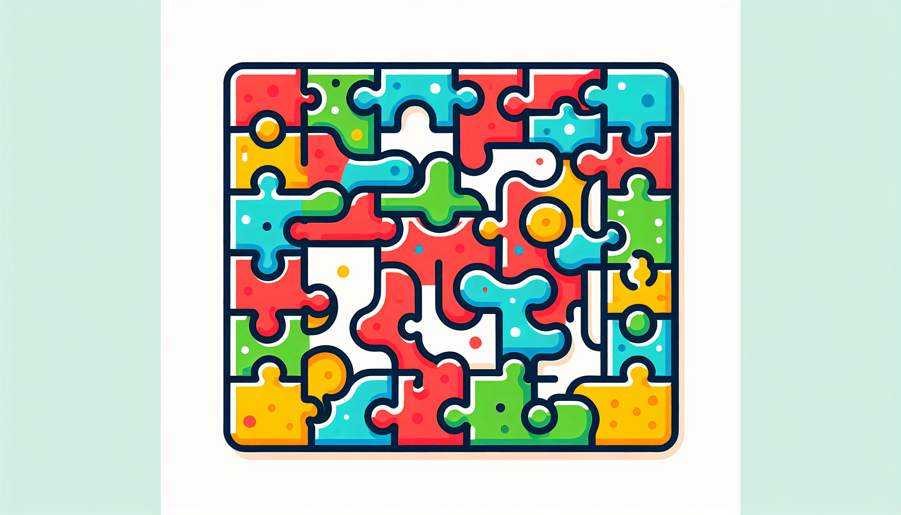 Puzzle in flat illustration style and white background, red #f47574, green #88c7a8, yellow #fcc44b, and blue #645bc8 colors.