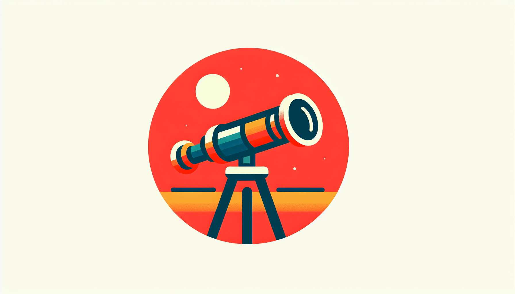 Telescope in flat illustration style and white background, red #f47574, green #88c7a8, yellow #fcc44b, and blue #645bc8 colors.