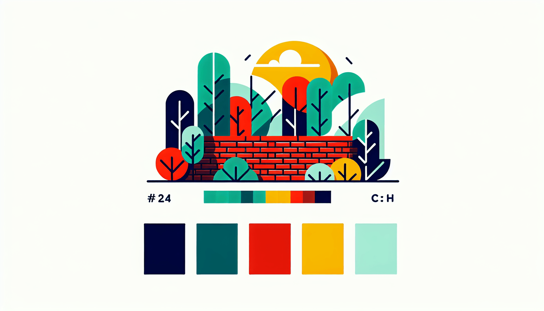 Wall in flat illustration style and white background, red #f47574, green #88c7a8, yellow #fcc44b, and blue #645bc8 colors.