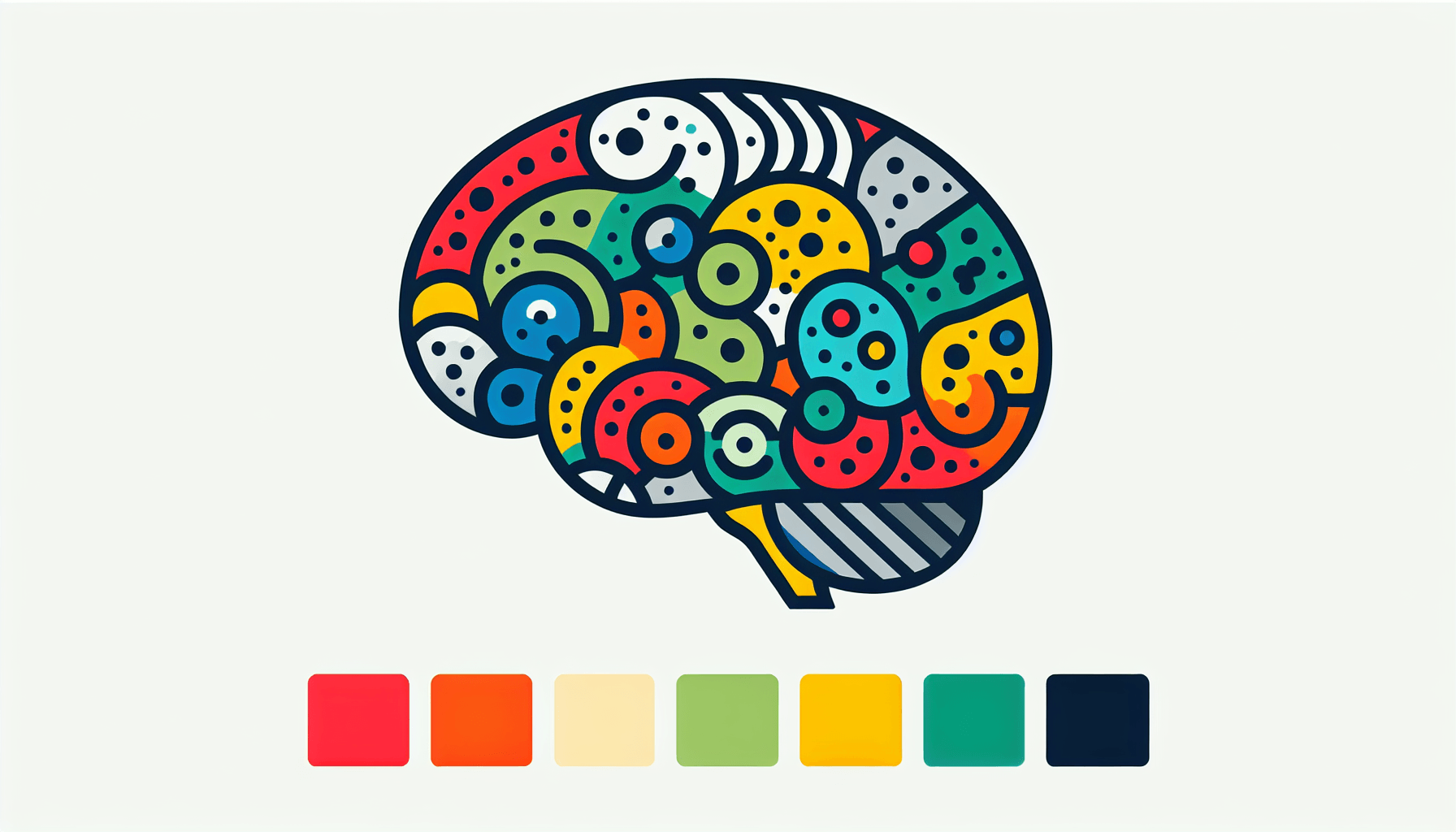 Human brain in flat illustration style and white background, red #f47574, green #88c7a8, yellow #fcc44b, and blue #645bc8 colors.