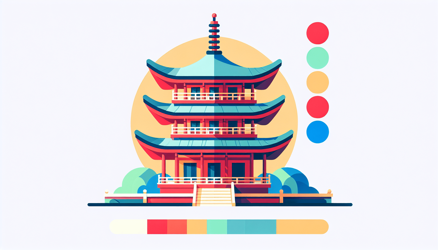 Pagoda in flat illustration style and white background, red #f47574, green #88c7a8, yellow #fcc44b, and blue #645bc8 colors.