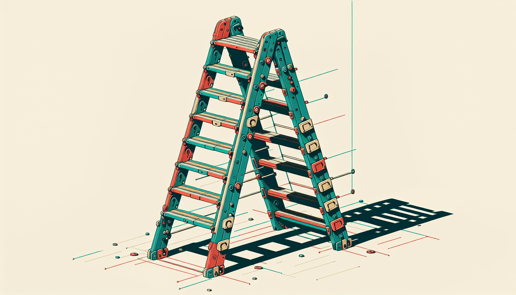 Ladder in flat illustration style and white background, red #f47574, green #88c7a8, yellow #fcc44b, and blue #645bc8 colors.