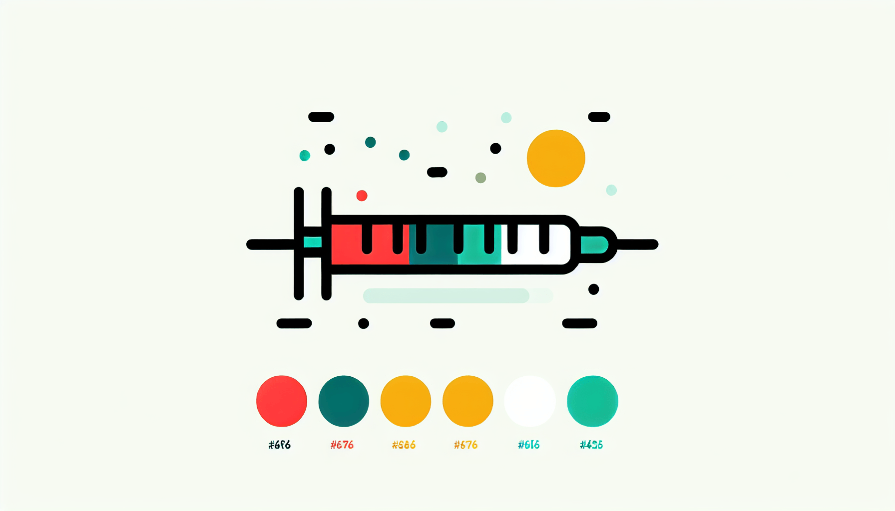 Syringe in flat illustration style and white background, red #f47574, green #88c7a8, yellow #fcc44b, and blue #645bc8 colors.
